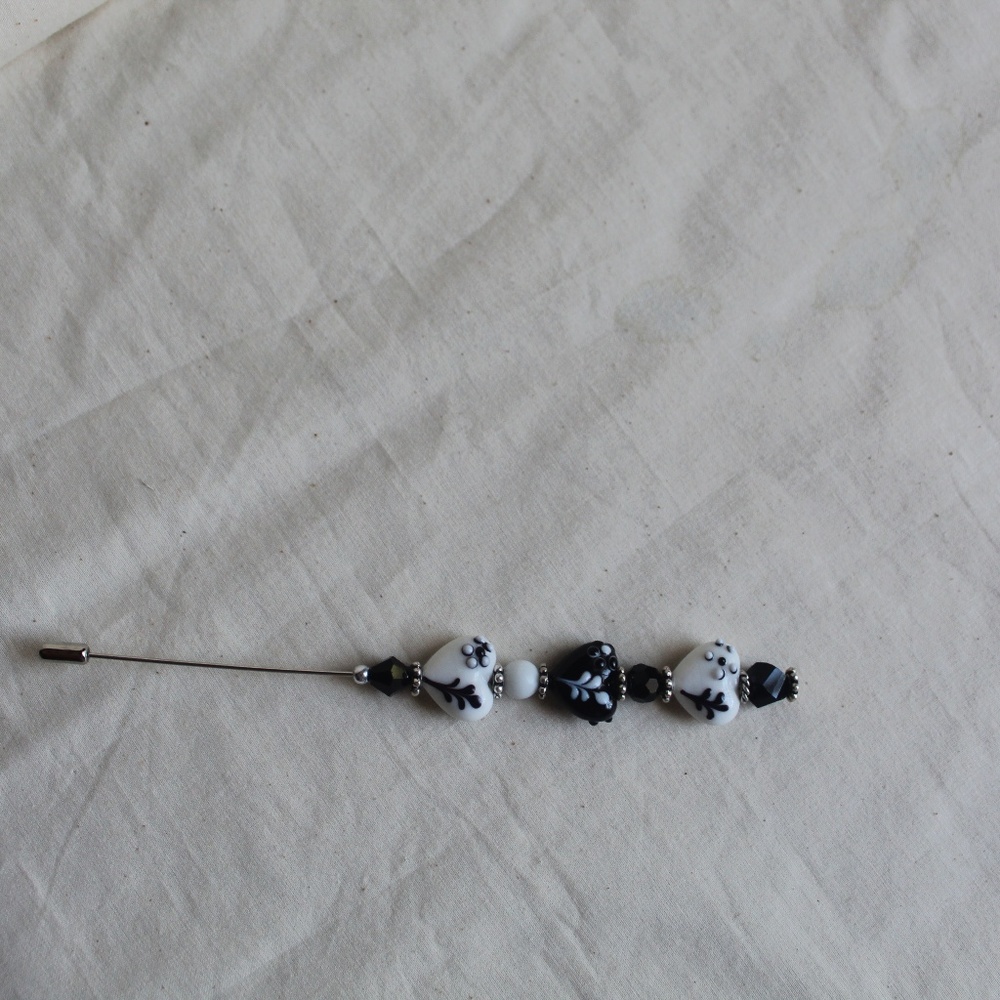 Glass Bead Black and White Heart Beads